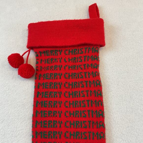 Dept 56 Knit Stocking Merry Christmas Red Green Vintage 1983 Taiwan Pom Poms - Picture 8 of 10